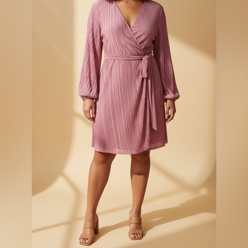Long Sleeve French Rose Plissé Pleated Faux Wrap Dress - Size 18